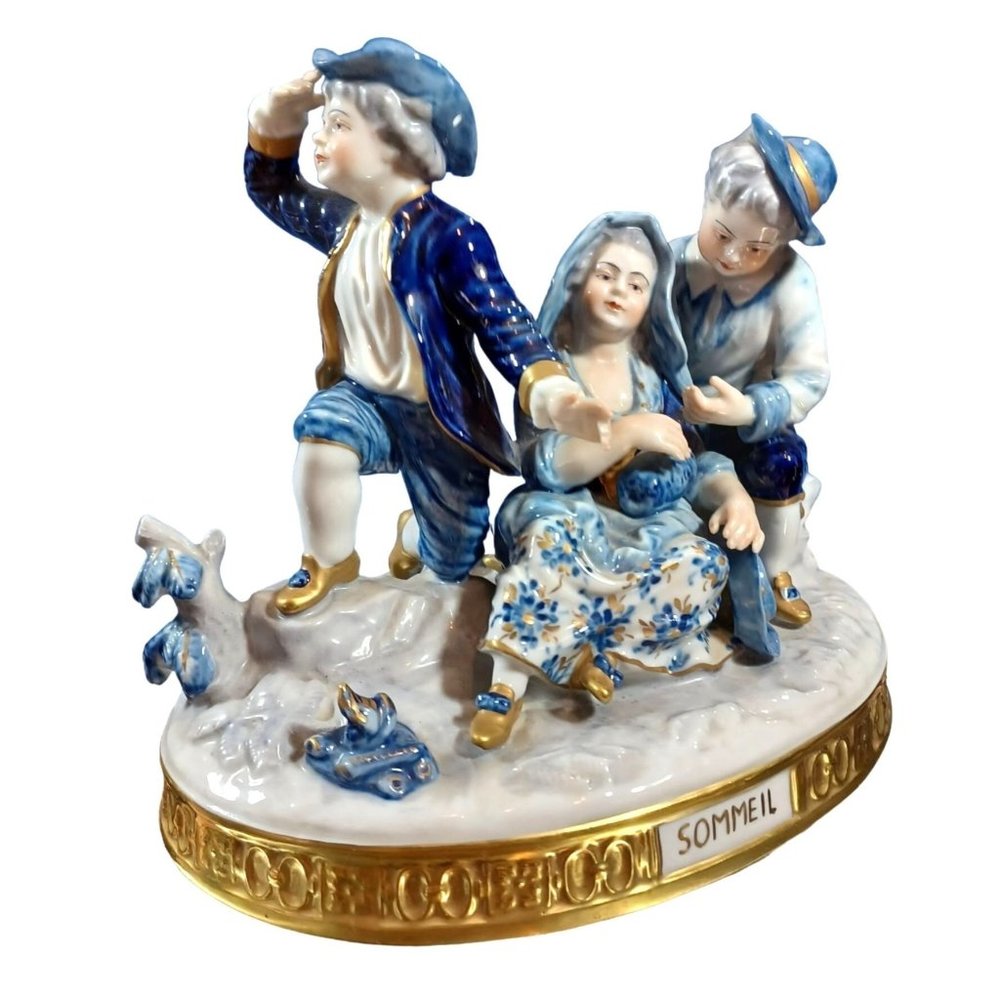 Volkstedt Sommeil Baroque Traveler Figurine Group Sculpture Cobalt Blue Gold Vtg - Picture 1 of 15